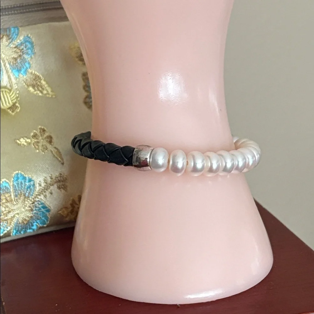 Honora Sterling 8.5mm Pearl Genuine Black Leather Braided Bracelet Stretch - Picture 3 of 9